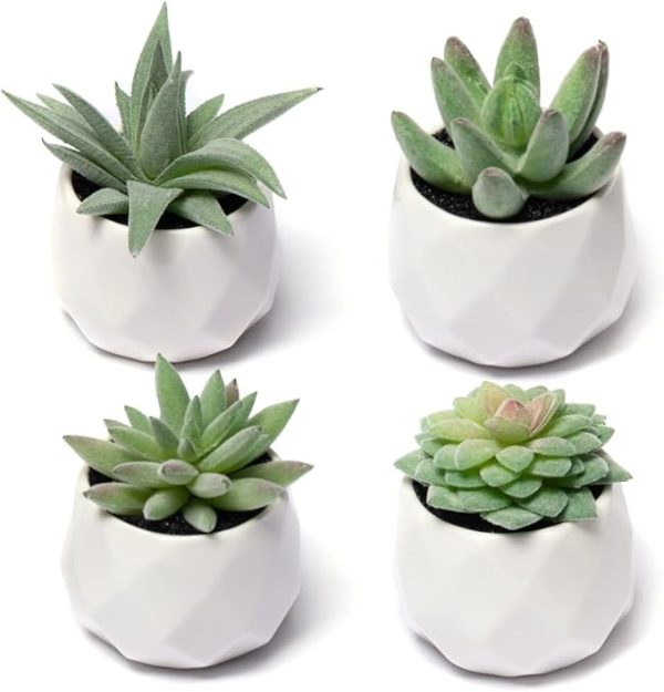 Fake Succulent Plant Set - Artificial Plants for Women Desk - Realistic Faux Succulents in Ceramic Pots - Mini Green Decor for Bedroom Bathroom Office Shelf 4 Pack